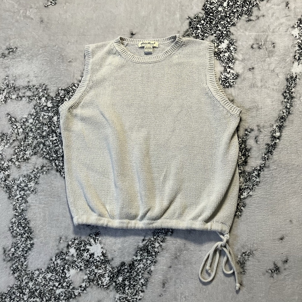 Eddie Bauer Sweater Top Womens Size Large Ivory Cotton Knit Sleeveless Tie Waist